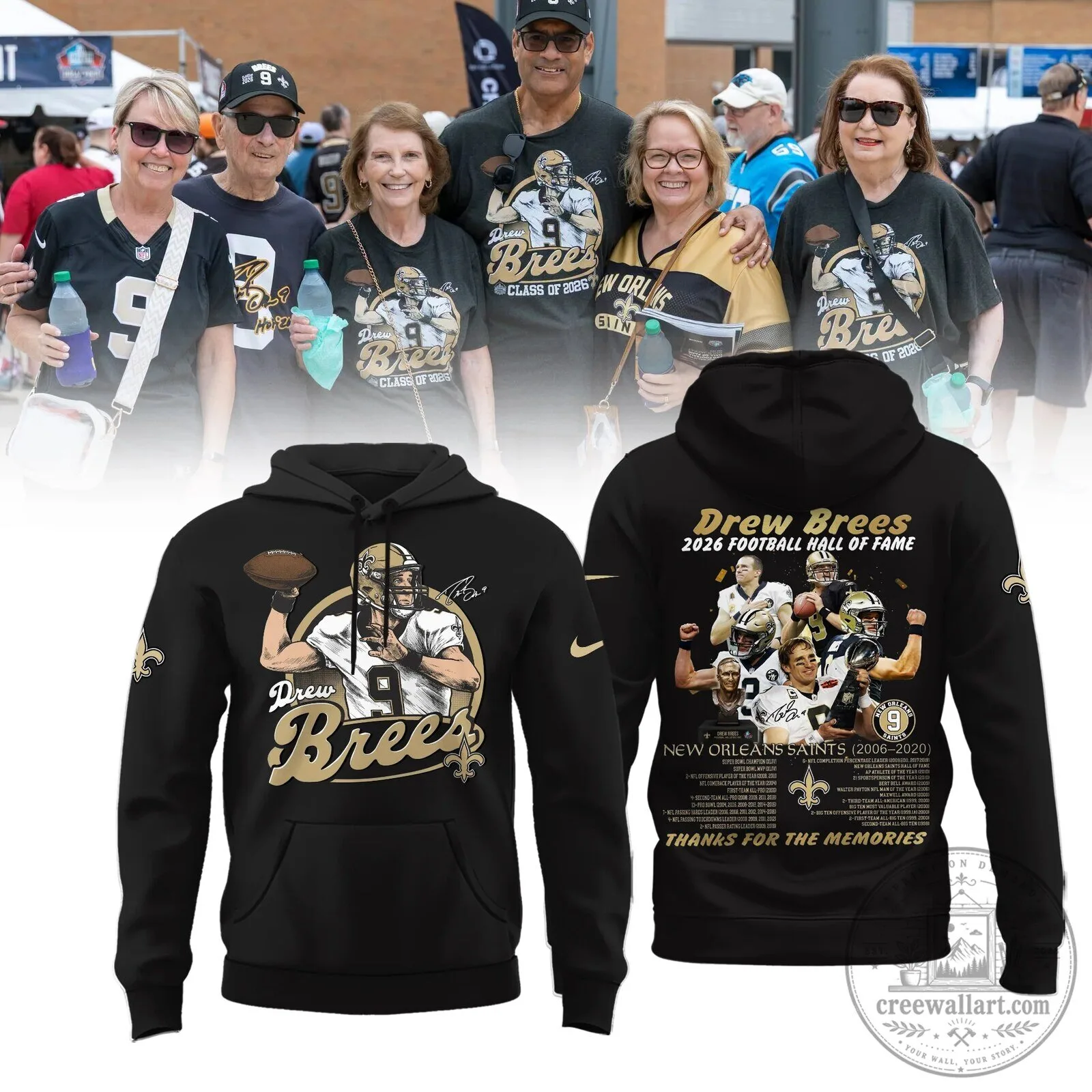 Black Hoodie featuring Drew Brees and the New Orleans Saints Hall of Fame design