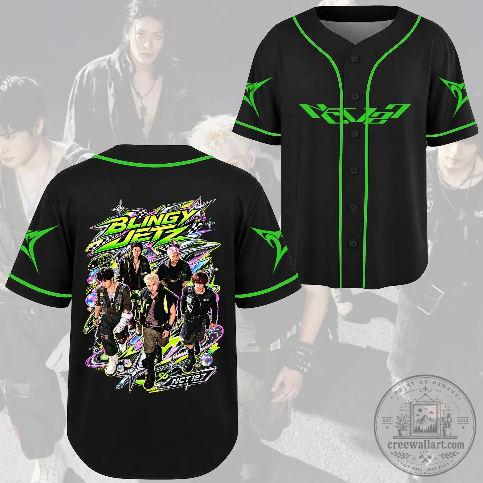 NCT 127 Blingy Jets Album Cyber Black and Green Baseball Jersey
