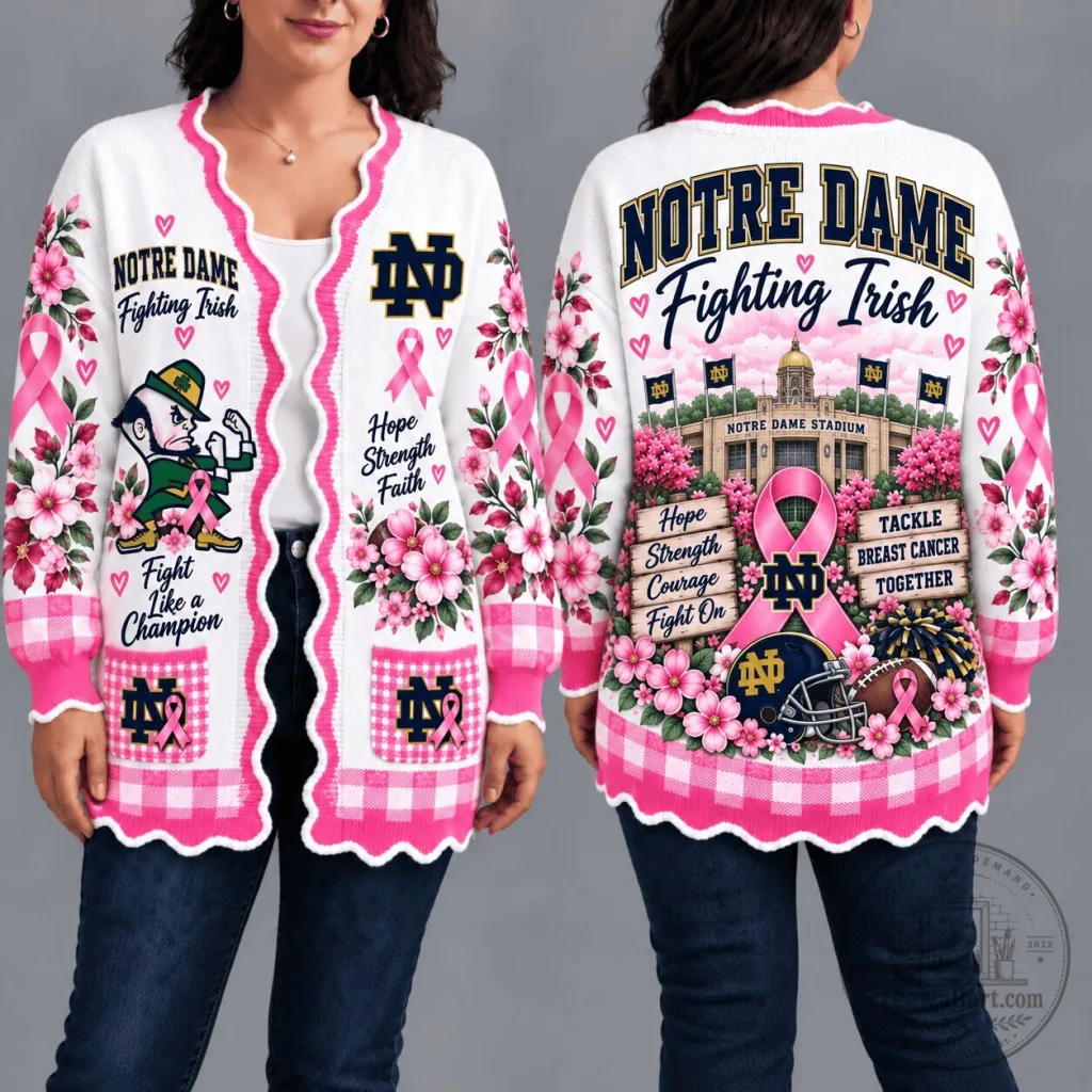 Notre Dame Fighting Irish Breast Cancer Awareness Pink Floral Cardigan Sweater Notre Dame Fighting Irish Breast Cancer Awareness Pink Floral Cardigan Sweater