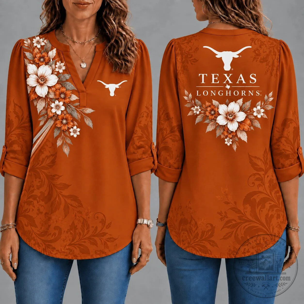 Texas Longhorns Floral Print V-Neck Roll-Up Sleeve Blouse for Women 1 Texas Longhorns Floral Print V-Neck Roll-Up Sleeve Blouse for Women