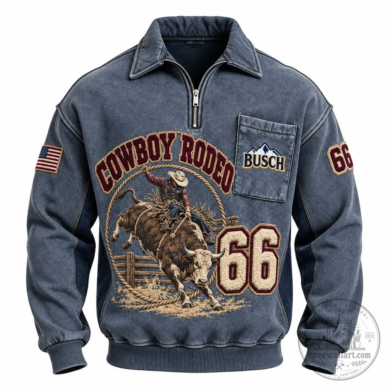 Cowboy Rodeo Bull Rider Busch 66 Washed Denim Quarter Zip Sweatshirt
