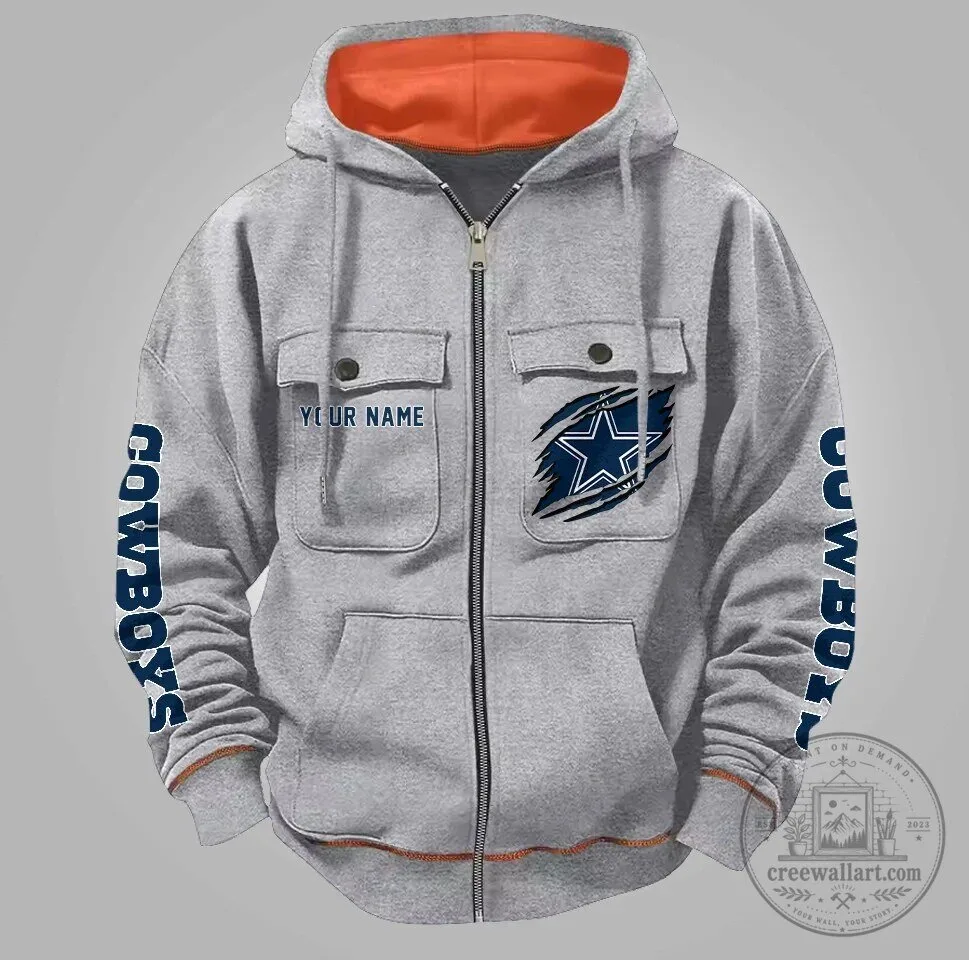 Dallas Cowboys Star Logo Custom Name Gray Full Zip Hoodie