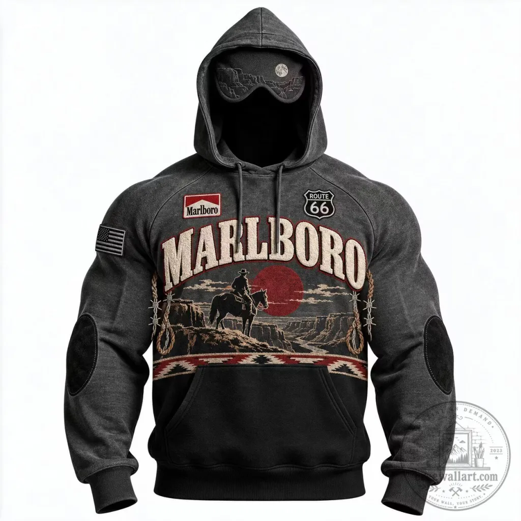 Marlboro Route 66 Cowboy Western Landscape Graphic Print Hoodie Marlboro Route 66 Cowboy Western Landscape Graphic Print Hoodie