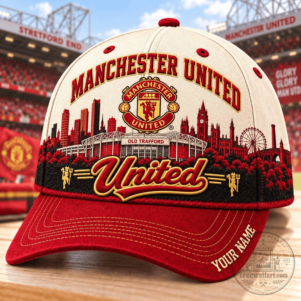 Manchester United Football Club Old Trafford Stadium Skyline Custom Name Cap Hat