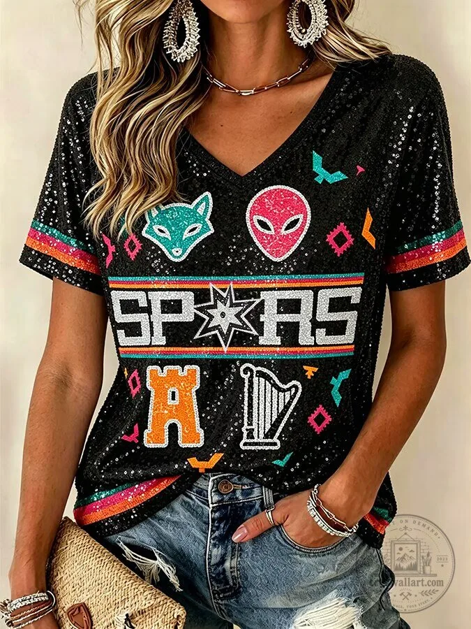 San Antonio Spurs Basketball Sequin V-Neck Short Sleeve T-Shirt for Women
