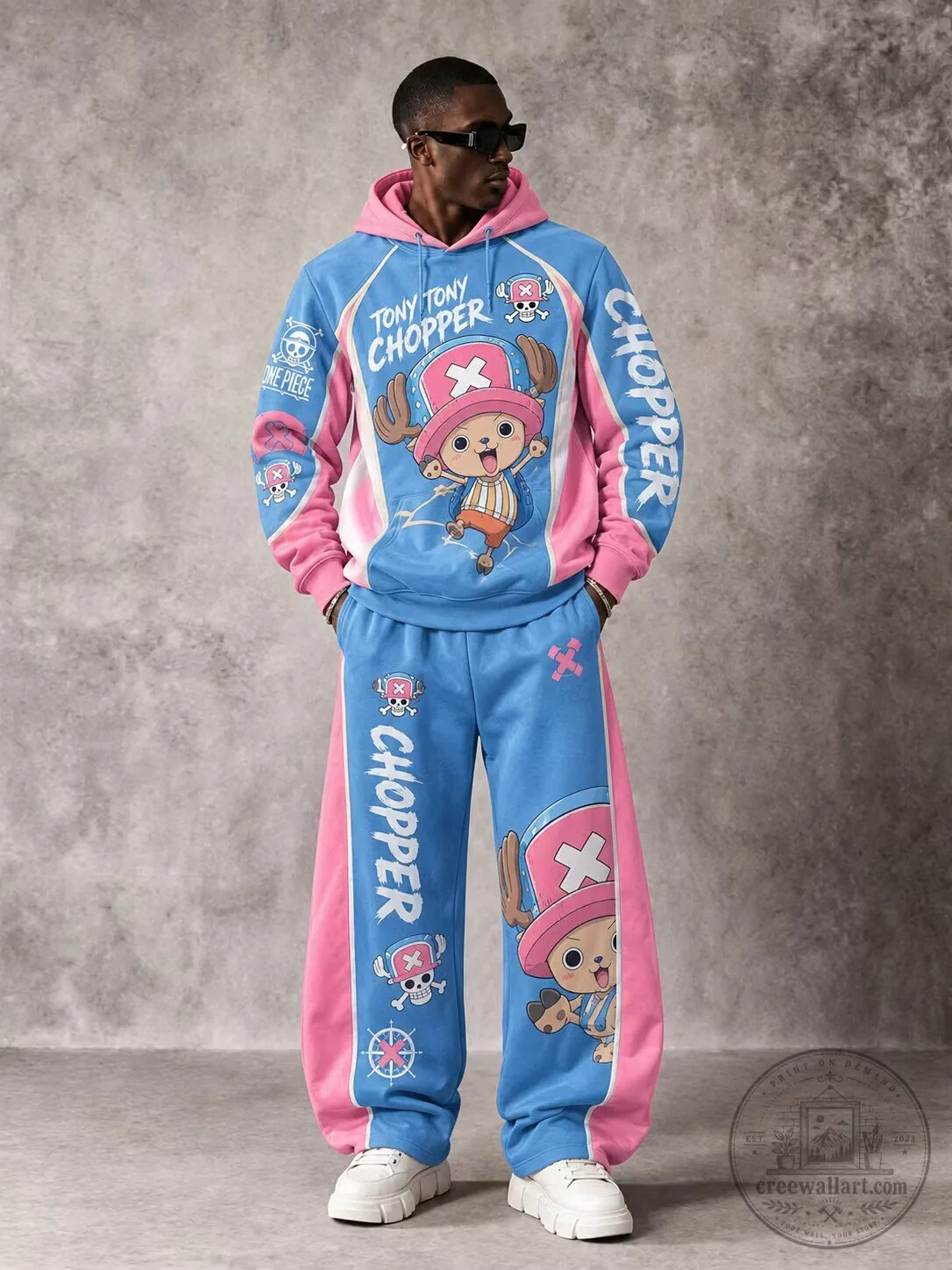 Tony Tony Chopper One Piece Anime Character Pink and Blue Hoodie and Sweatpants Set
