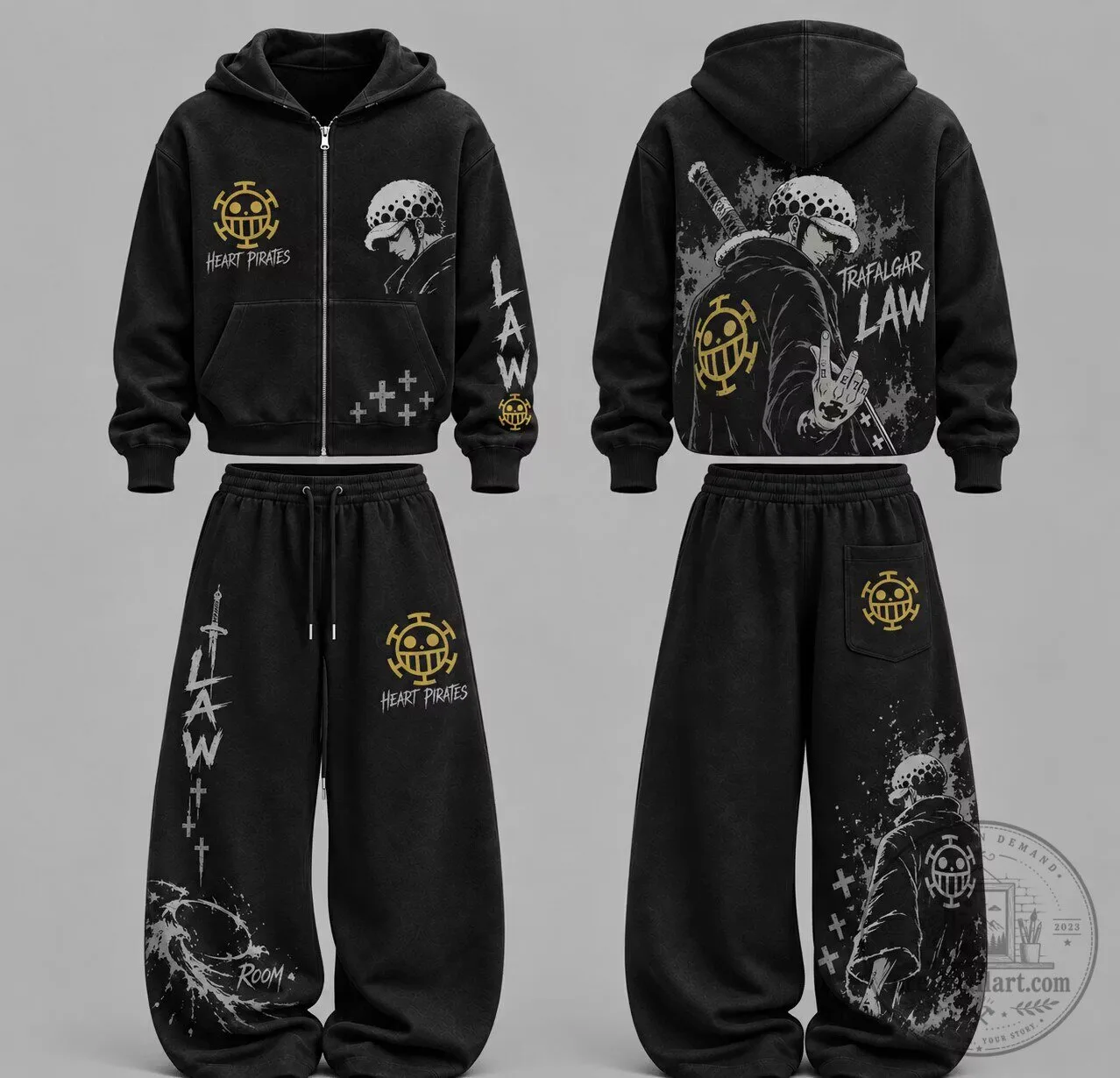 One Piece Trafalgar Law Heart Pirates Black Zip-Up Hoodie and Sweatpants Set