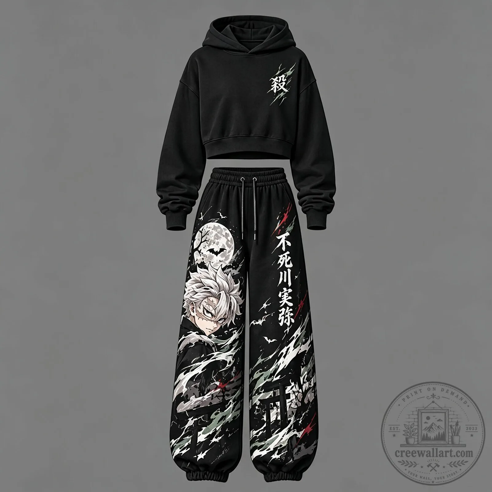 Demon Slayer Sanemi Shinazugawa Moon and Skull Cropped Hoodie and Jogger Pants Set