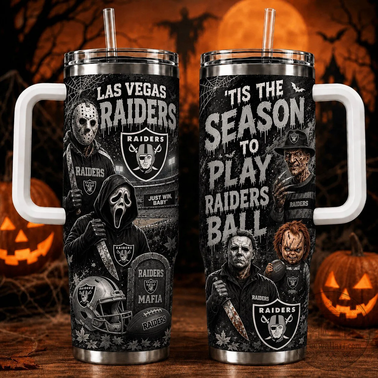 Las Vegas Raiders Halloween Horror Movie Characters Football Tumbler