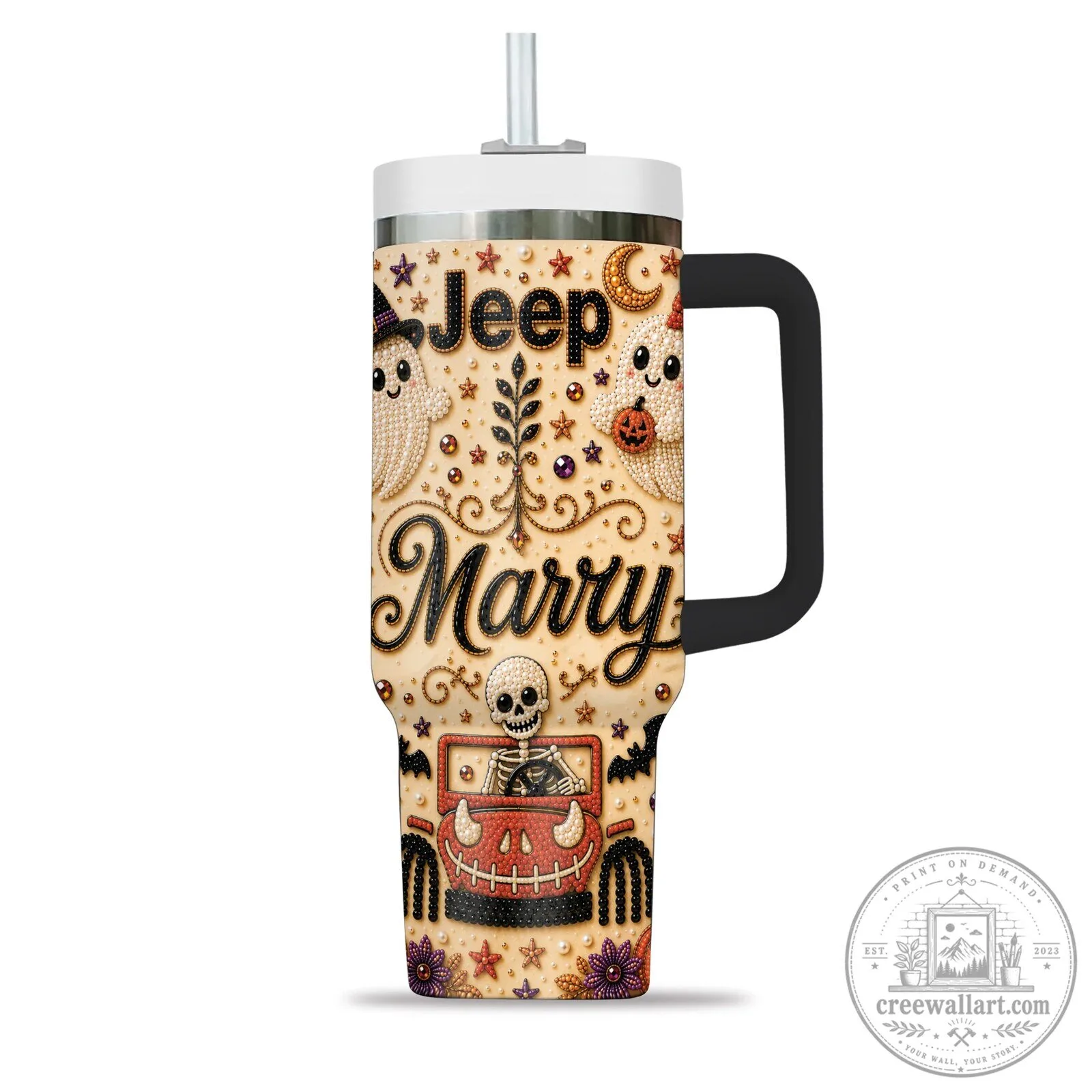 Jeep Halloween Skeleton Personalized Tumbler with Handle and Straw