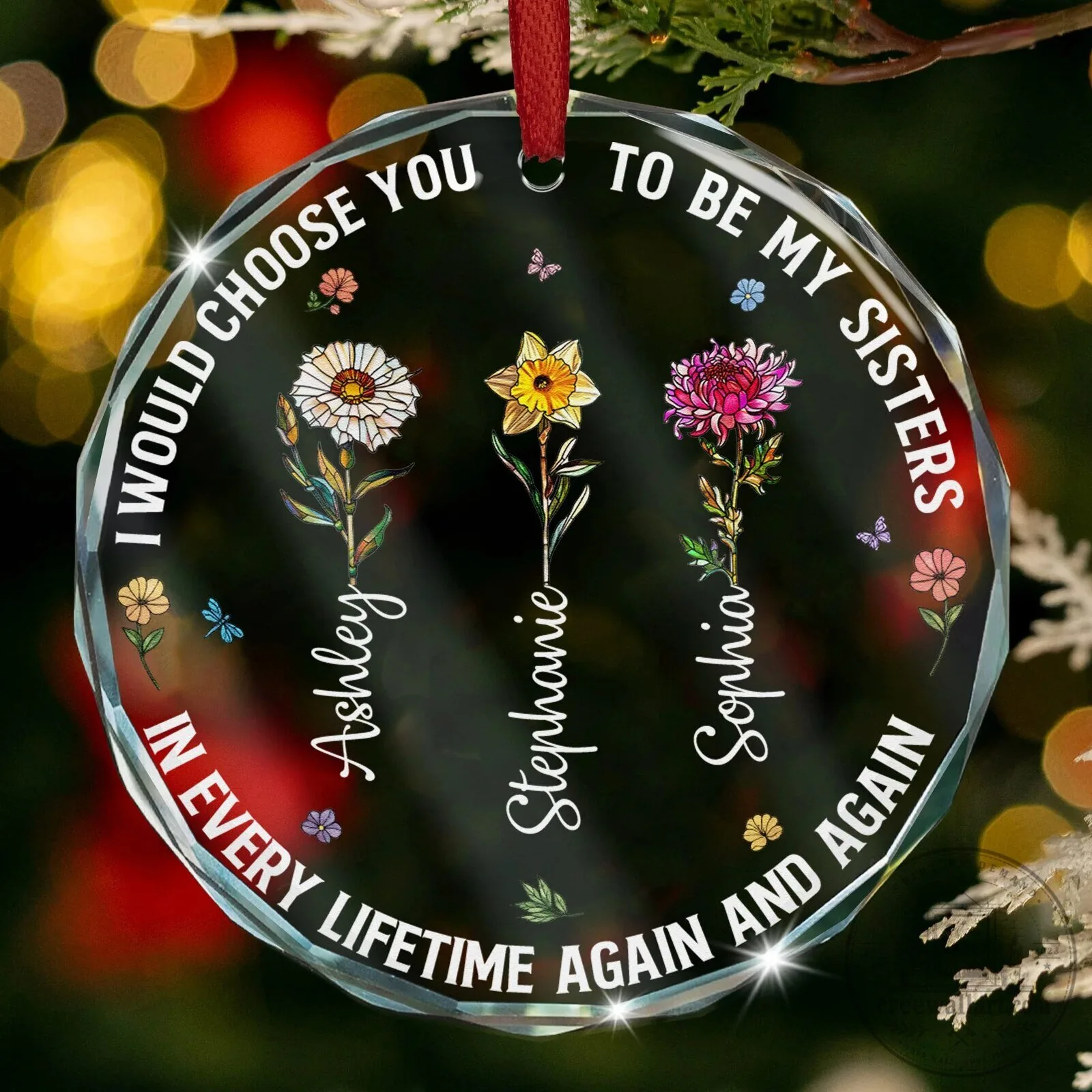 Personalized Sisters Floral Glass Christmas Tree Ornament