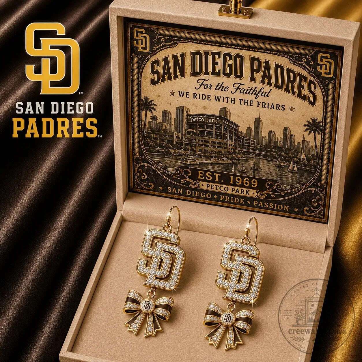 Gold Tone Dangle Bow Earrings adorned with Rhinestones for San Diego Padres Fans