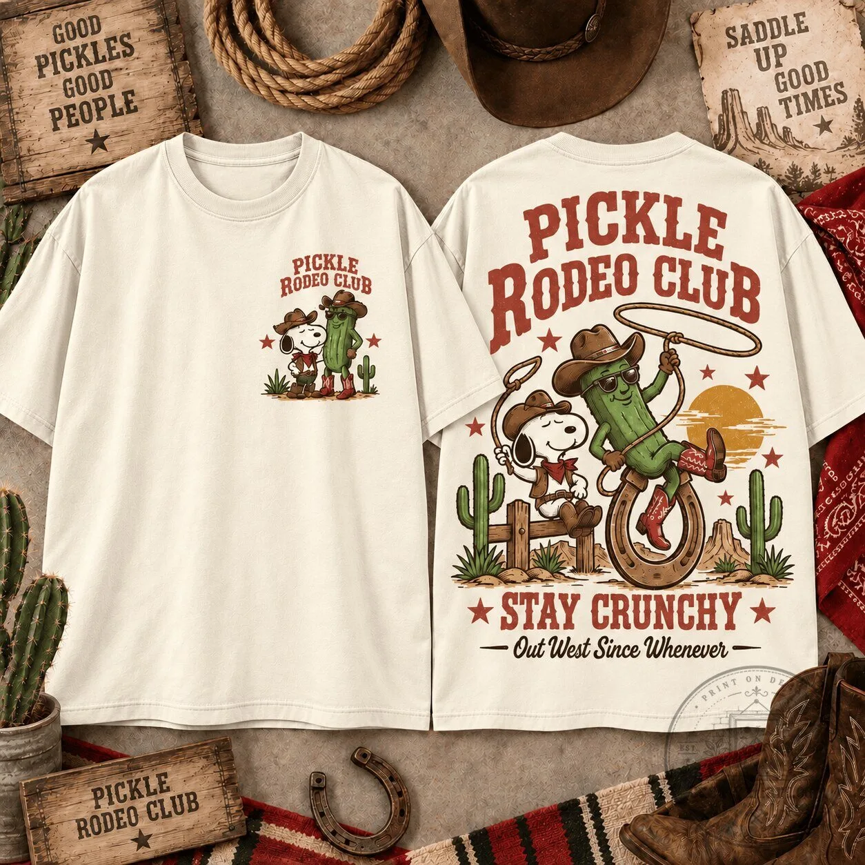 Snoopy Pickle Rodeo Club Stay Crunchy Western Cowboy Graphic T-Shirt