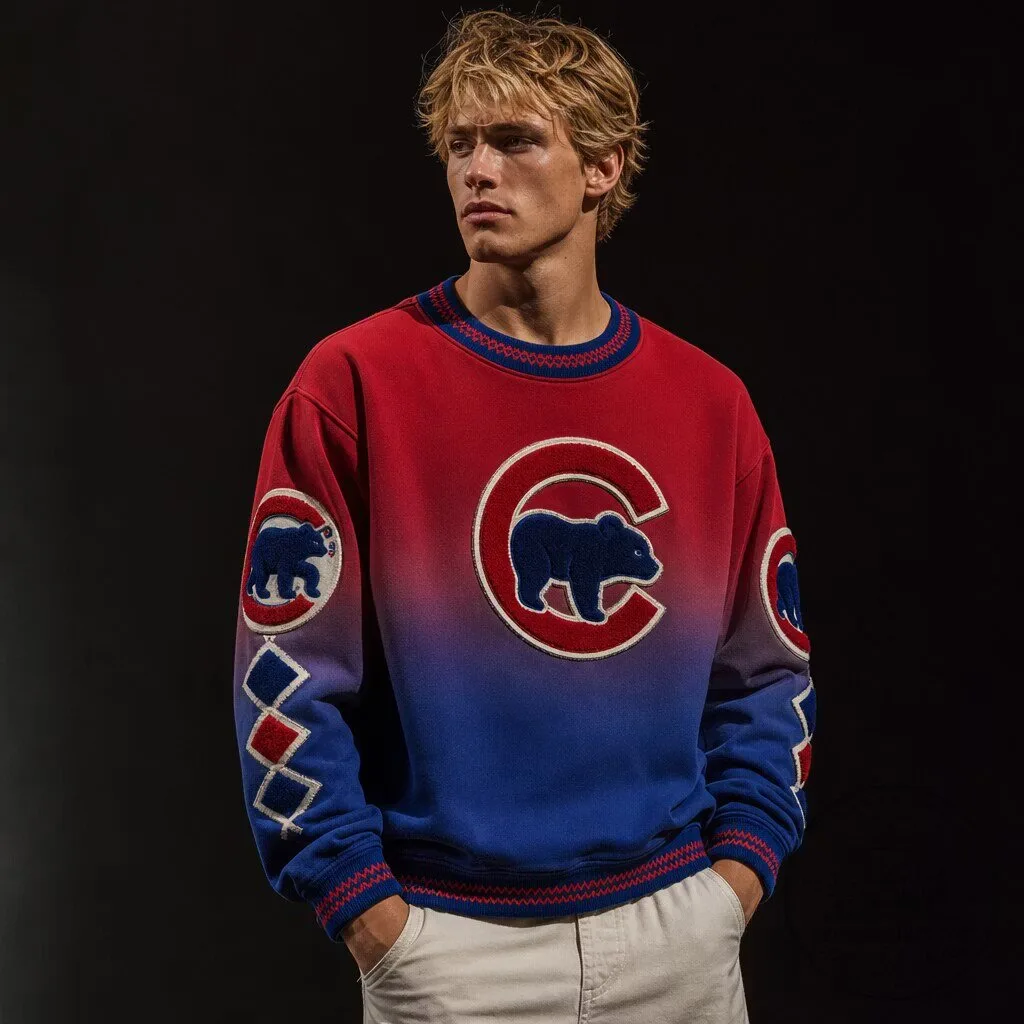 Chicago Cubs Red Blue Gradient Crewneck Sweatshirt with Bear Graphic