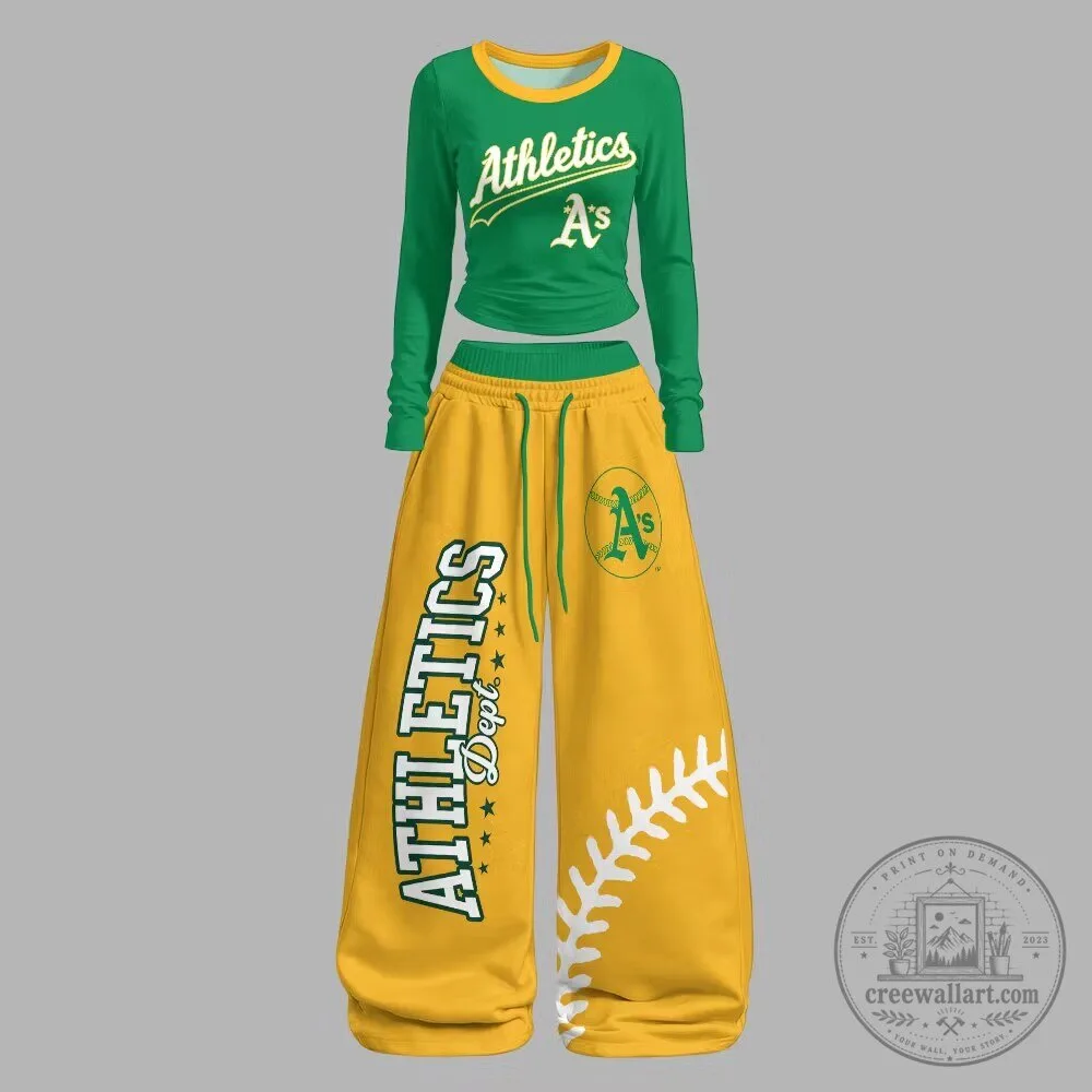 Oakland Athletics Baseball Team Green and Yellow Long Sleeve Shirt and Pants Set