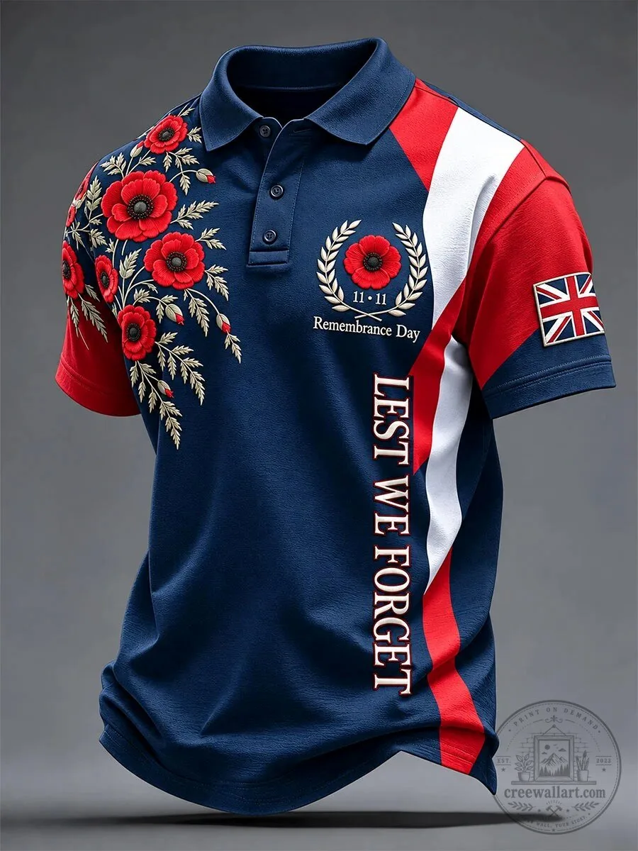 Remembrance Day Lest We Forget Poppies United Kingdom Flag Polo Shirt