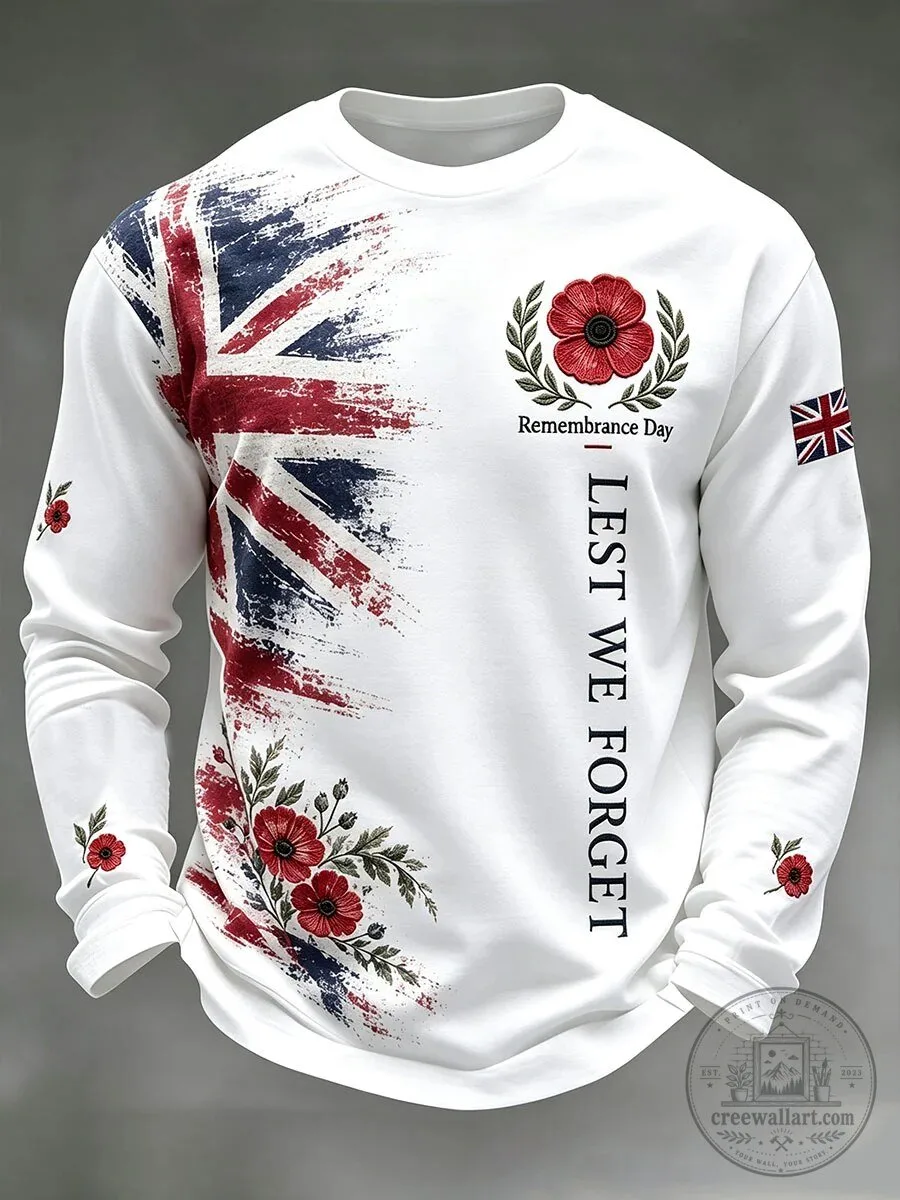 Sweatshirt Featuring United Kingdom Flag and Poppy Flower for Remembrance Day - Lest We Forget 1 Sweatshirt Featuring United Kingdom Flag and Poppy Flower for Remembrance Day - Lest We Forget