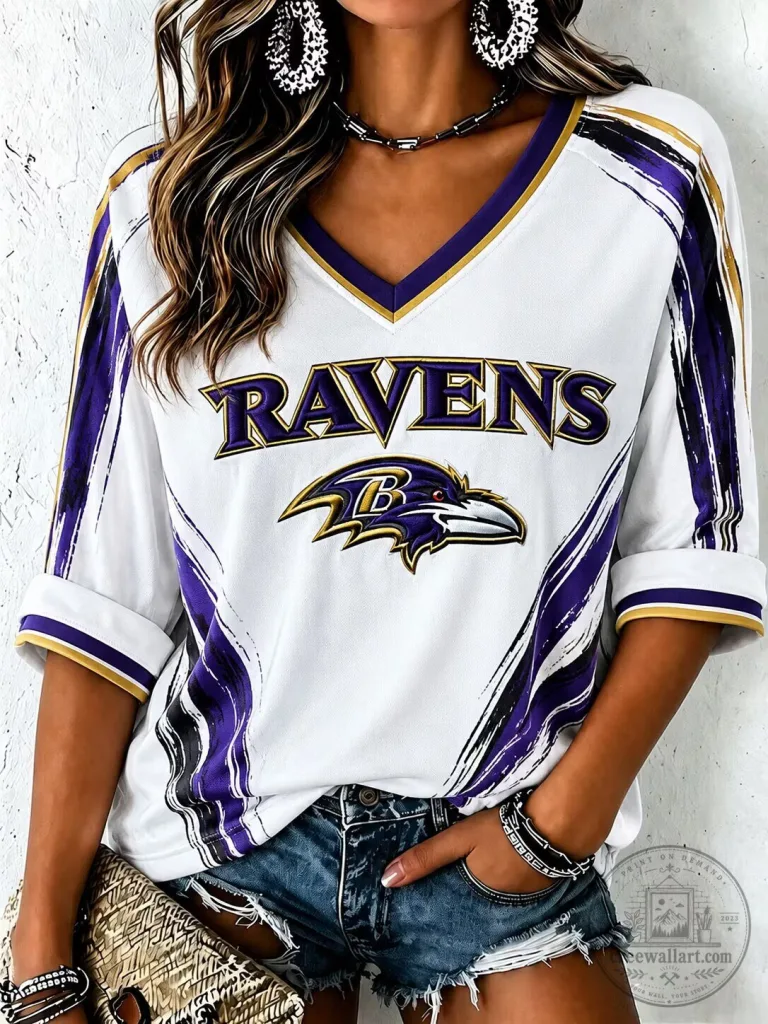 Baltimore Ravens Football Team Logo White V-Neck Short Sleeve T-Shirt