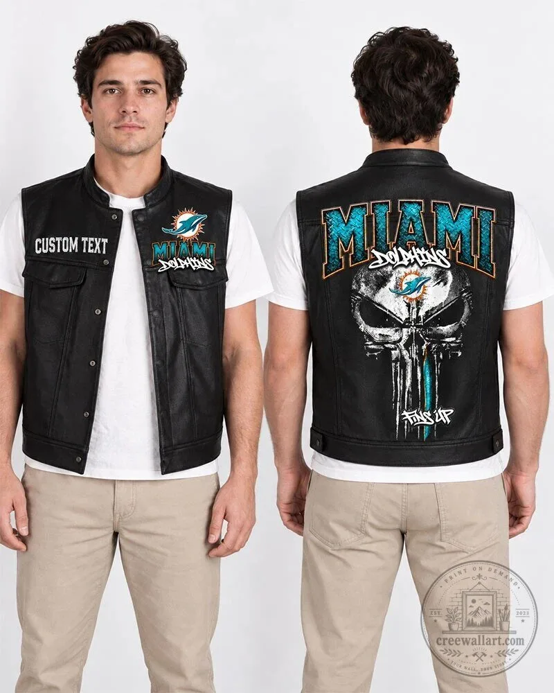 Miami Dolphins Skull Custom Text Leather Vest for Men