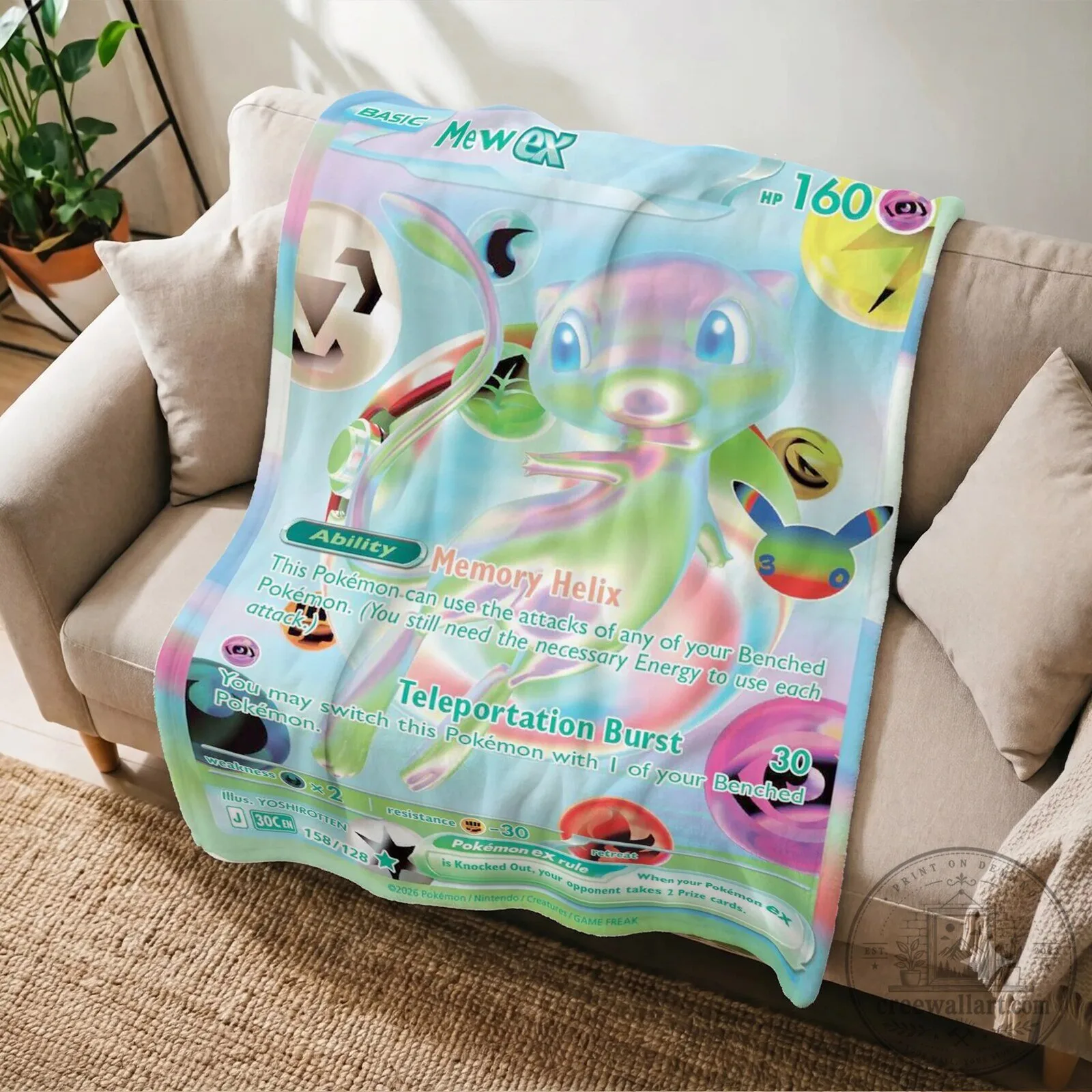 Pokemon Mew EX Trading Card Game Design Fleece Blanket