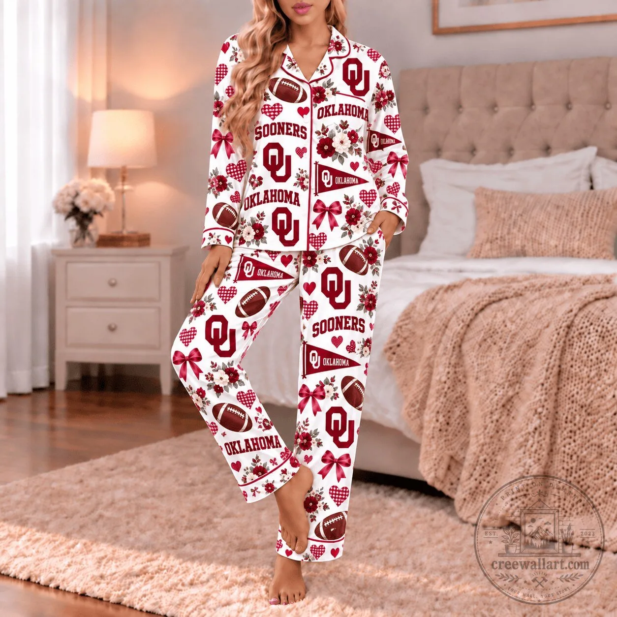 Oklahoma Sooners Football Team Floral Pattern Pajamas Set
