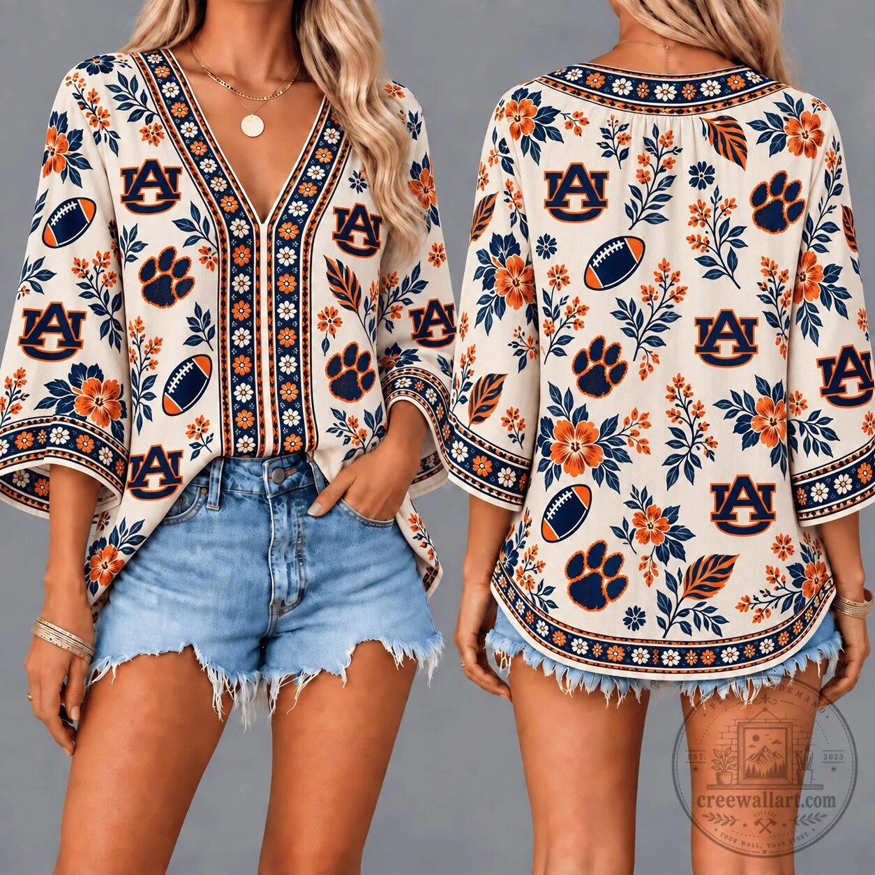 Auburn Tigers NCAA College Football Floral Boho V-Neck Blouse