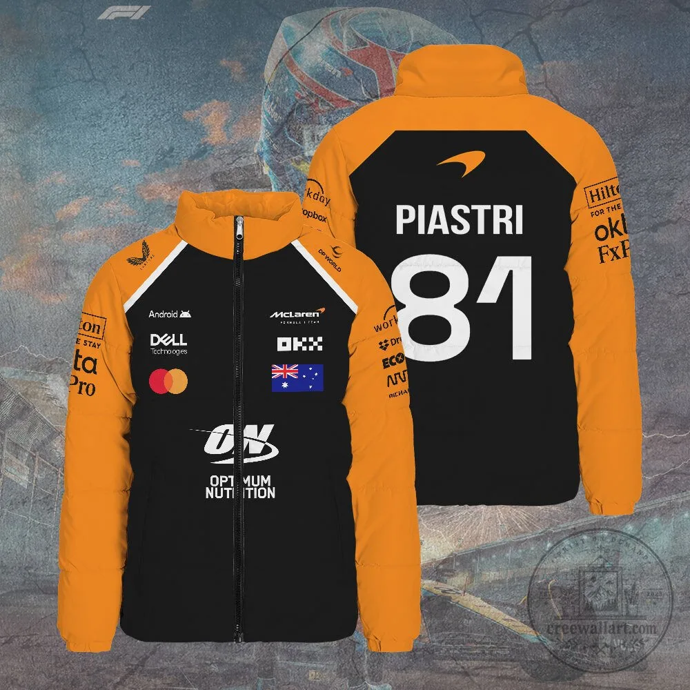 Oscar Piastri McLaren Formula One Racing Team Puffer Jacket with Stand Collar