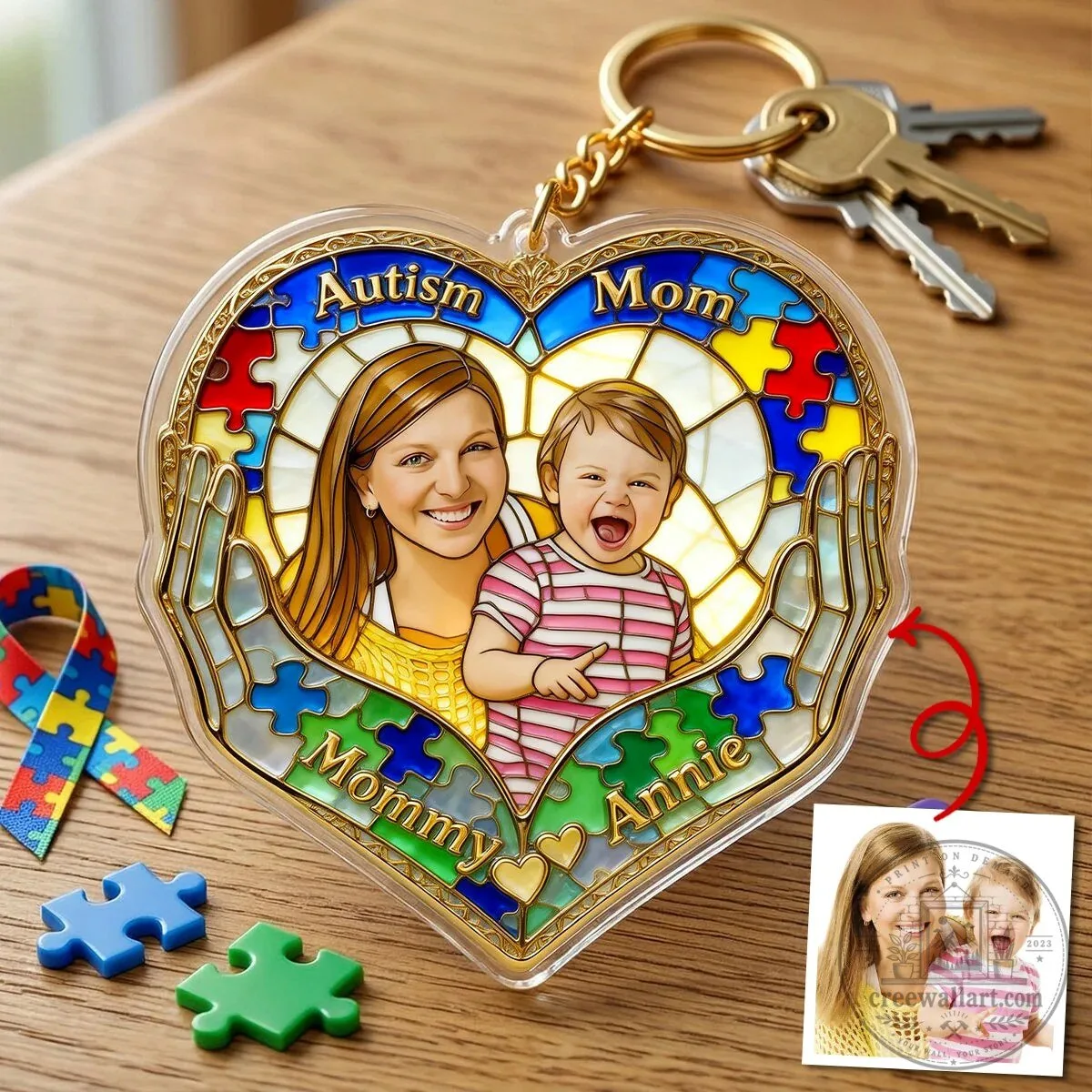 Personalized Autism Mom Heart Keychain, Custom Photo Loving Mother's Day Gift
