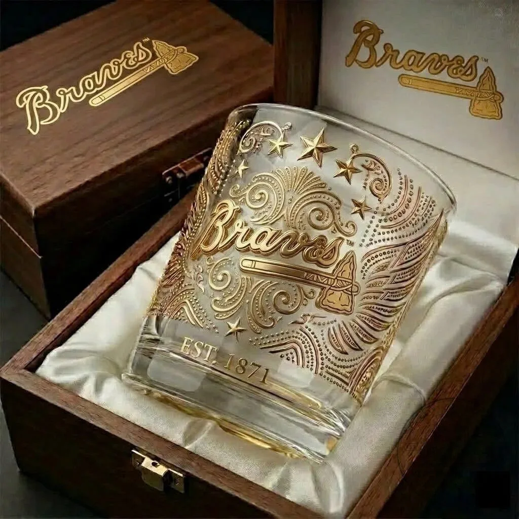 Atlanta Braves Baseball Team Gold Embossed Whiskey Glass