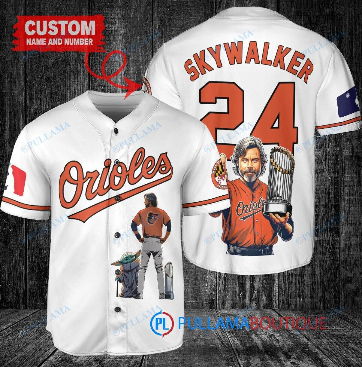 Luke Skywalker Baltimore Orioles Baseball Jersey with World Series Trophy