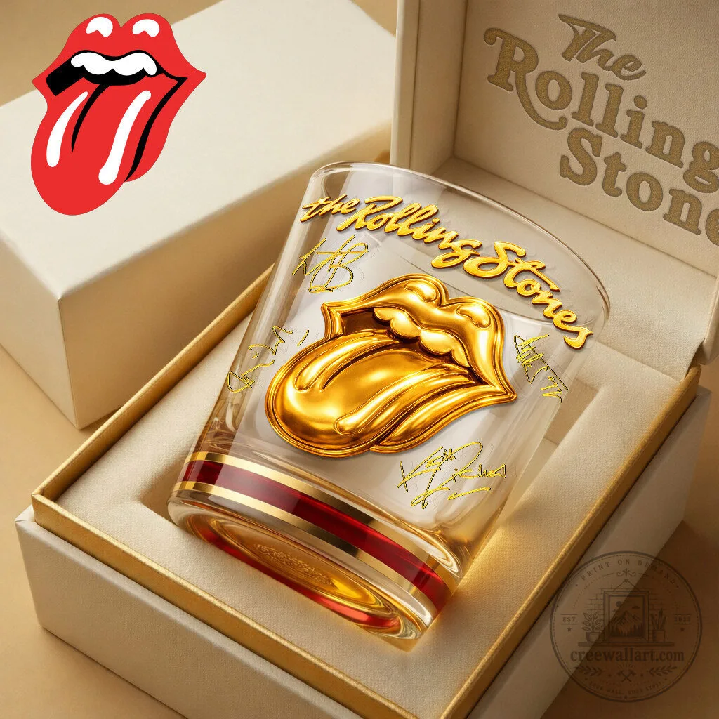 The Rolling Stones Gold Tongue Logo Whiskey Glass with Signatures