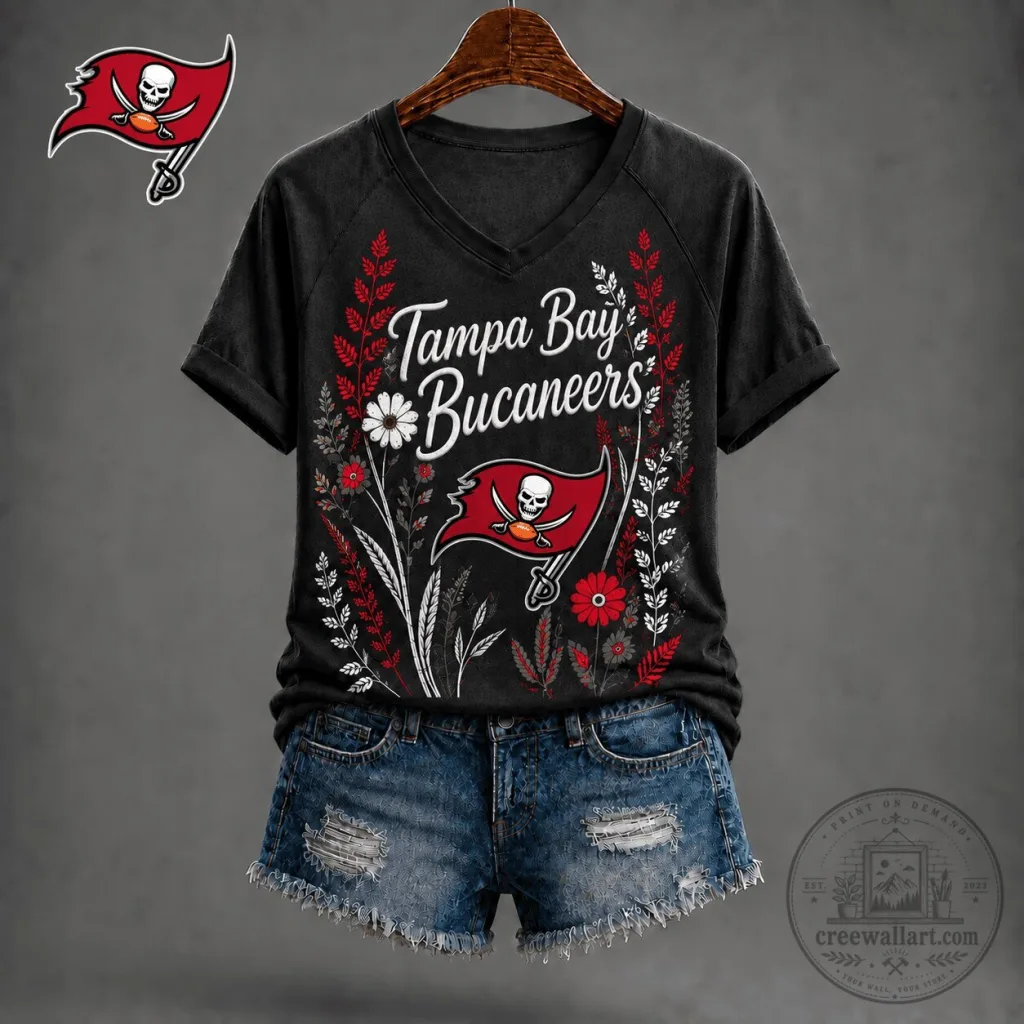 Tampa Bay Buccaneers Floral Logo V-Neck Short Sleeve T-Shirt Tampa Bay Buccaneers Floral Logo V-Neck Short Sleeve T-Shirt