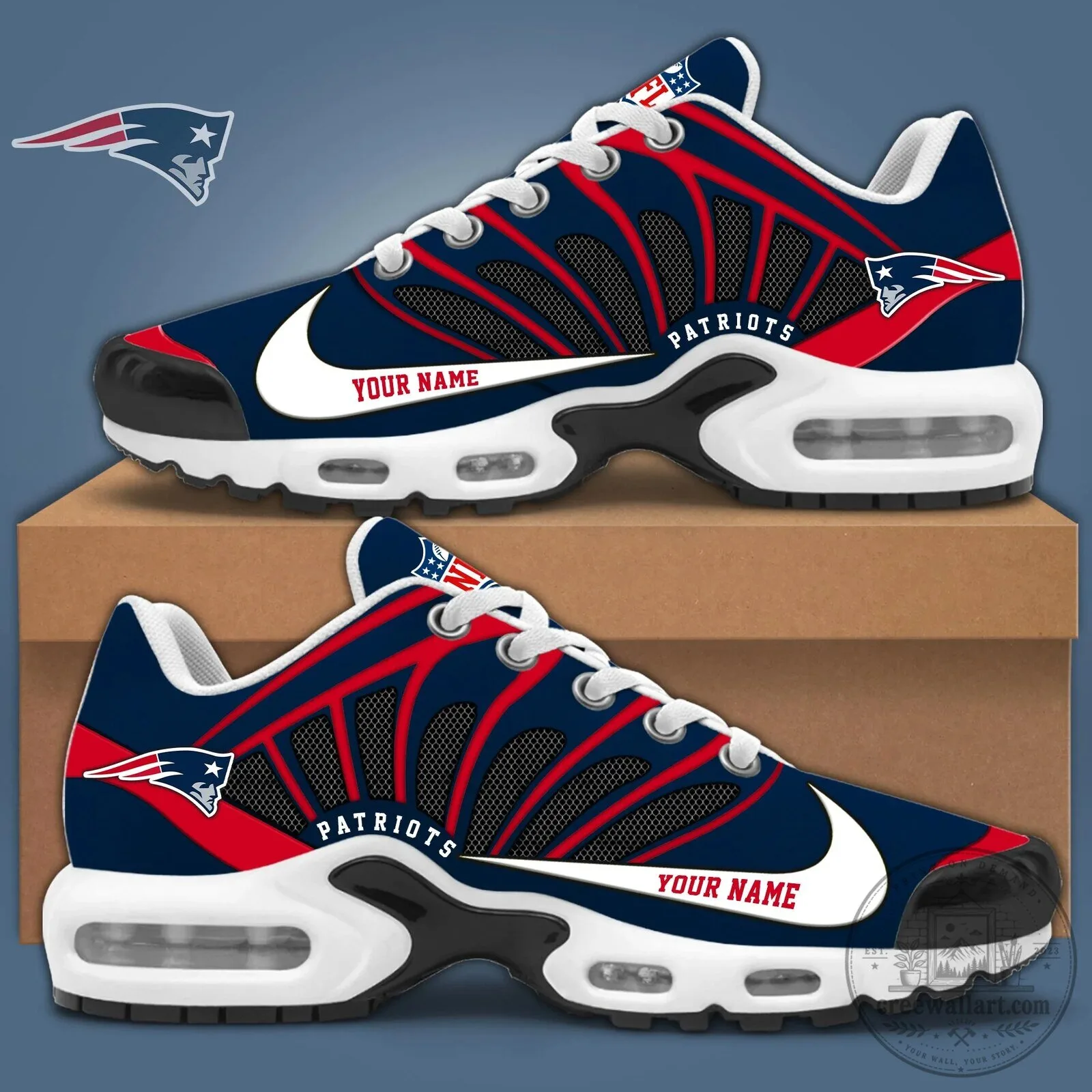New England Patriots Custom Name Gridiron Blue and Red Sneakers