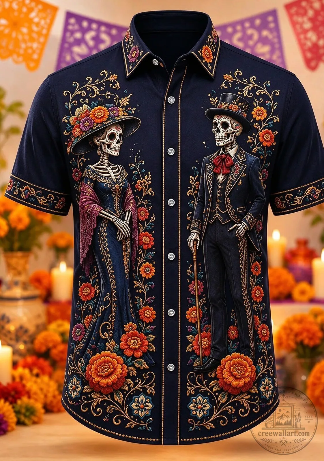 Day of the Dead Skeleton Couple Floral Print Men's Hawaiian Shirt 2 Day of the Dead Skeleton Couple Floral Print Men