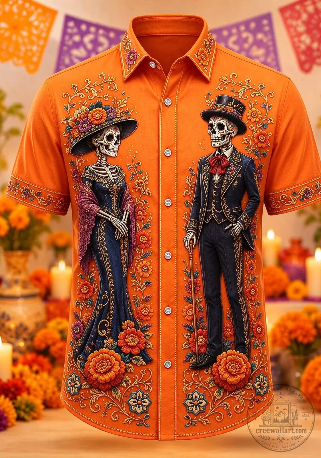 Day of the Dead Skeleton Couple Floral Print Men's Hawaiian Shirt 3 Day of the Dead Skeleton Couple Floral Print Men