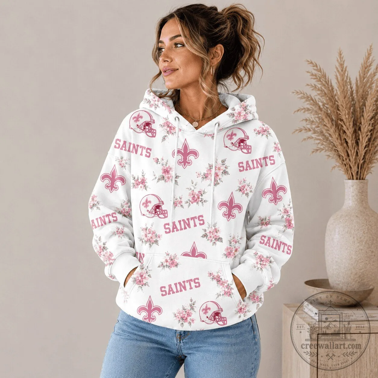 New Orleans Saints Pink Floral Team Pride Football Helmet Hoodie for Women