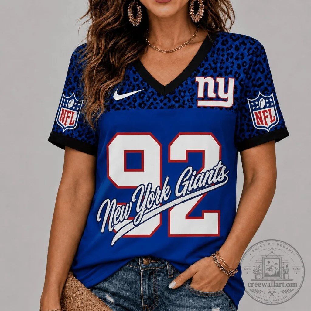 New York Giants Football Team Leopard Print V-Neck Short Sleeve Football Jersey New York Giants Football Team Leopard Print V-Neck Short Sleeve Football Jersey