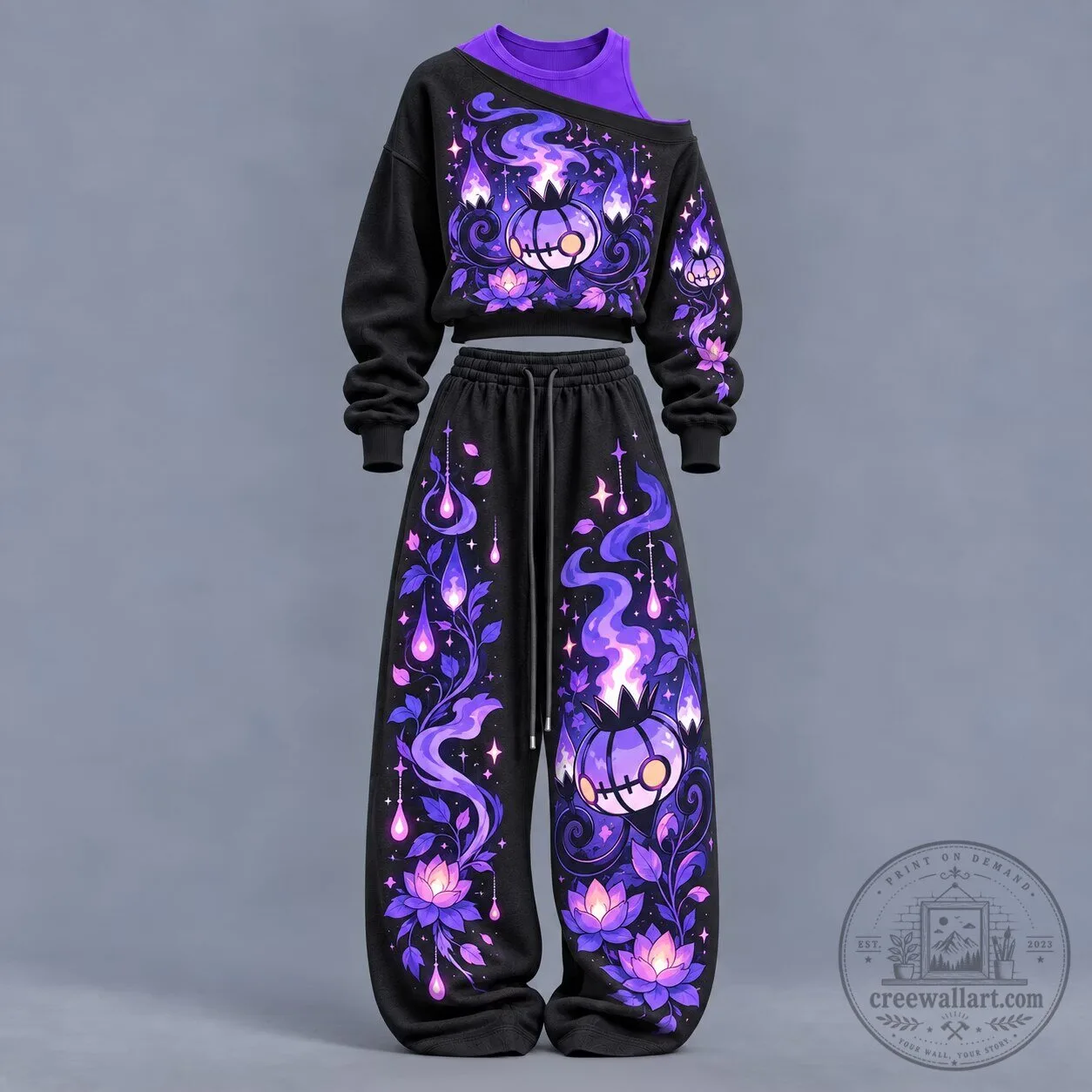 Chandelure Pokemon Ghost Fire Type Halloween Pumpkin Purple Black Womens Sweatshirt and Pants Set