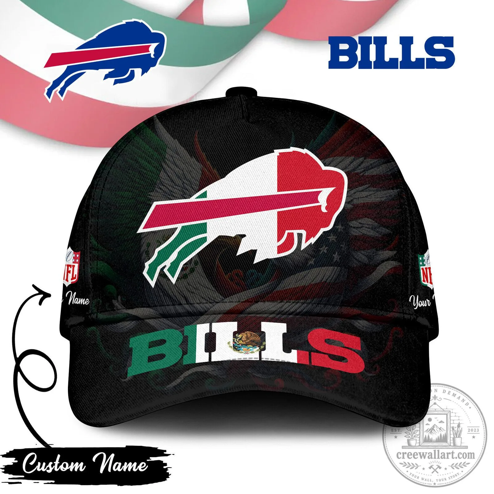 Buffalo Bills Mexican Flag Custom Name NFL Football Team Baseball Cap Hat