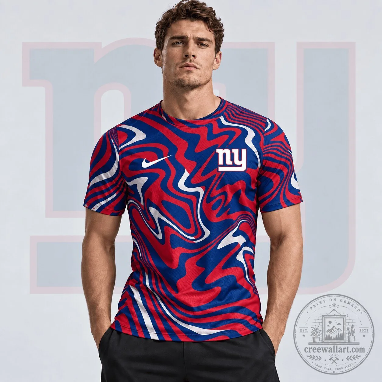 New York Giants NFL Team Crest Abstract Wave All Over Print T-Shirt