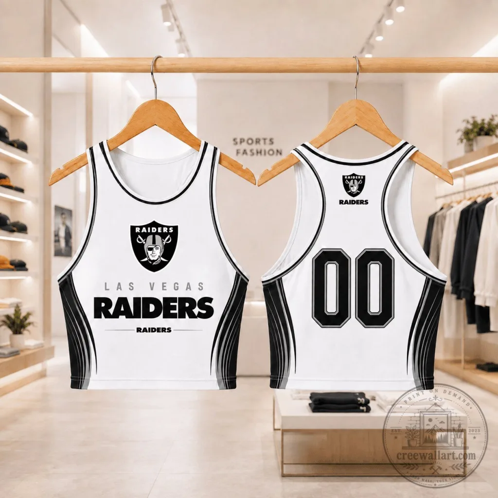 Las Vegas Raiders Football Team White and Black Athletic Crop Top Tank Top 14 Las Vegas Raiders Football Team White and Black Athletic Crop Top Tank Top