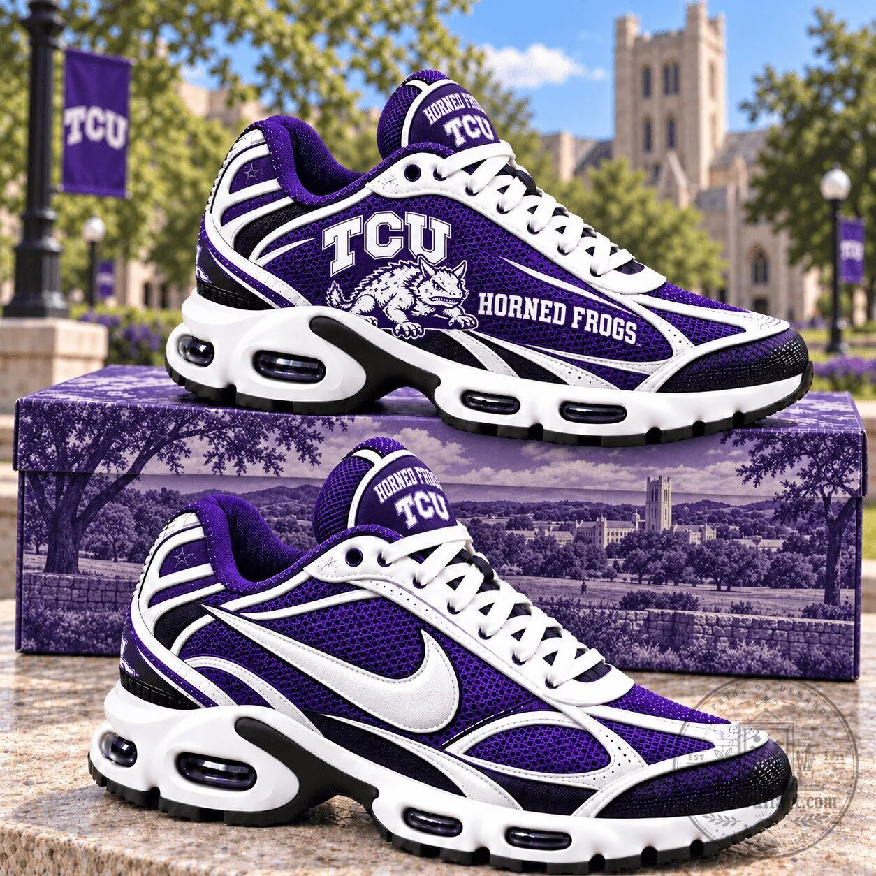 Texas Christian University Horned Frogs Team Logo Purple and White Running Shoes 1 Texas Christian University Horned Frogs Team Logo Purple and White Running Shoes