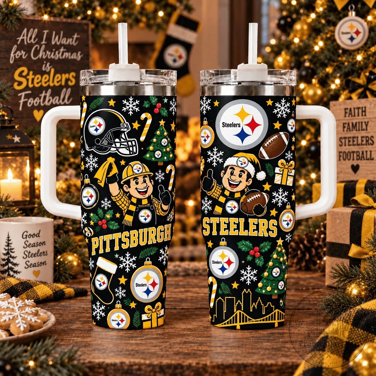 Pittsburgh Steelers Christmas Football Fan Black Insulated Tumbler with Handle