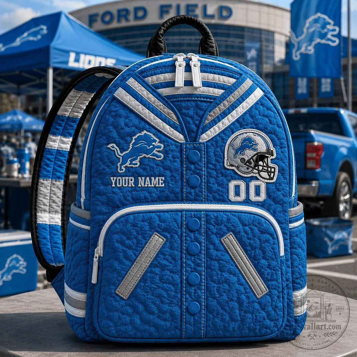 Detroit Lions Fan Personalized Varsity Quilted Backpack