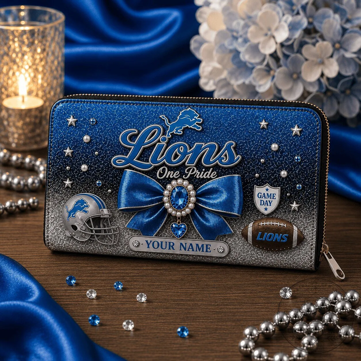 Detroit Lions Fan Personalized Glitter Wallet, NFL Football Team Accessory