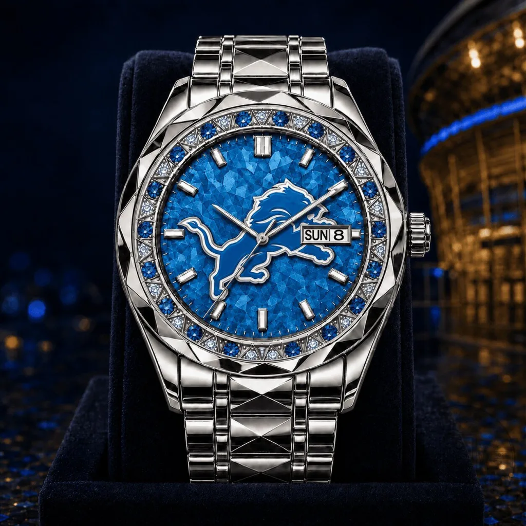Detroit Lions Fan Men's Stainless Steel Watch with Blue Crystal Bezel Detroit Lions Fan Men's Stainless Steel Watch with Blue Crystal Bezel