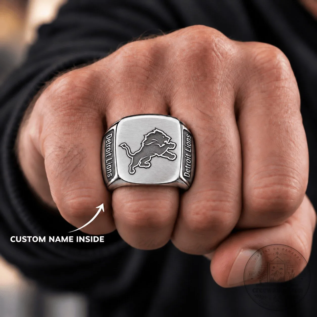Detroit Lions Fan Custom Name Engraved Silver Ring for Men