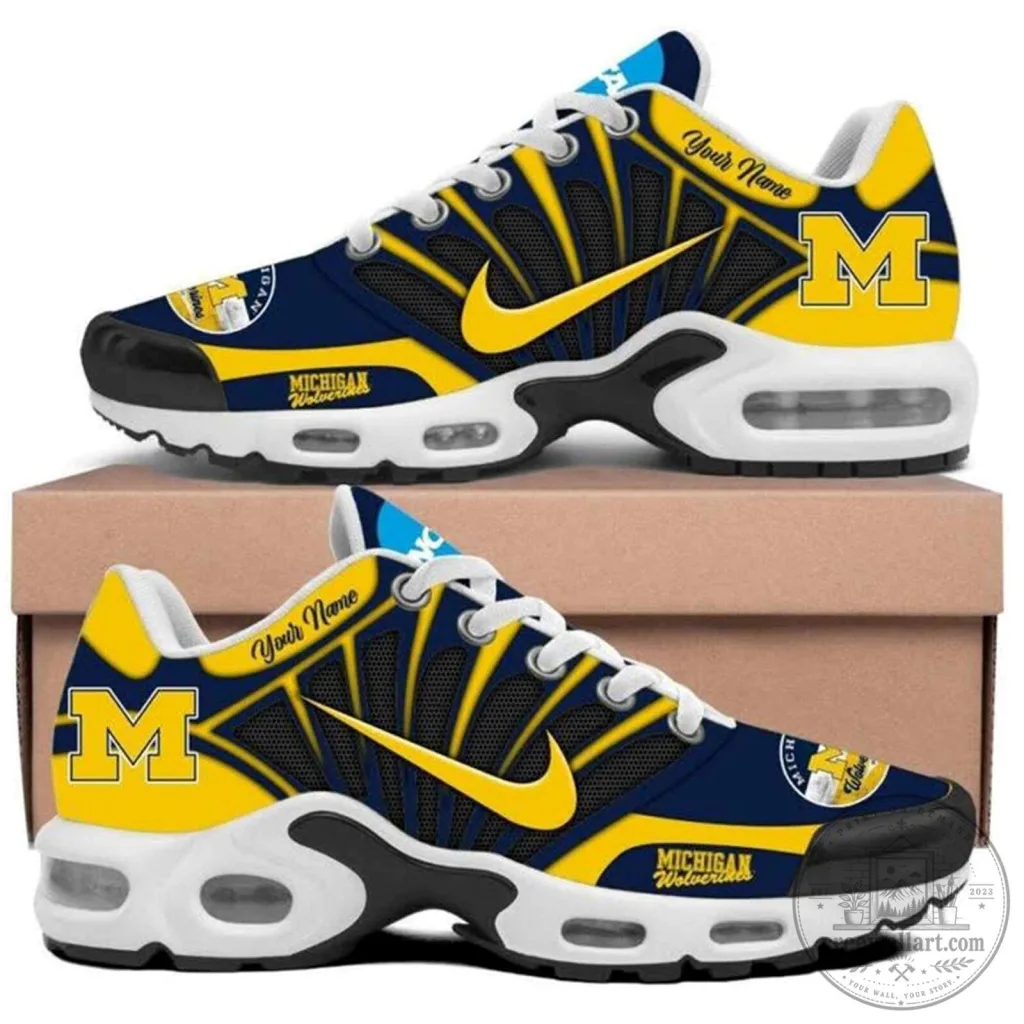 Michigan Wolverines Custom Name Blue Yellow Air Cushion Sports Shoes Michigan Wolverines Custom Name Blue Yellow Air Cushion Sports Shoes