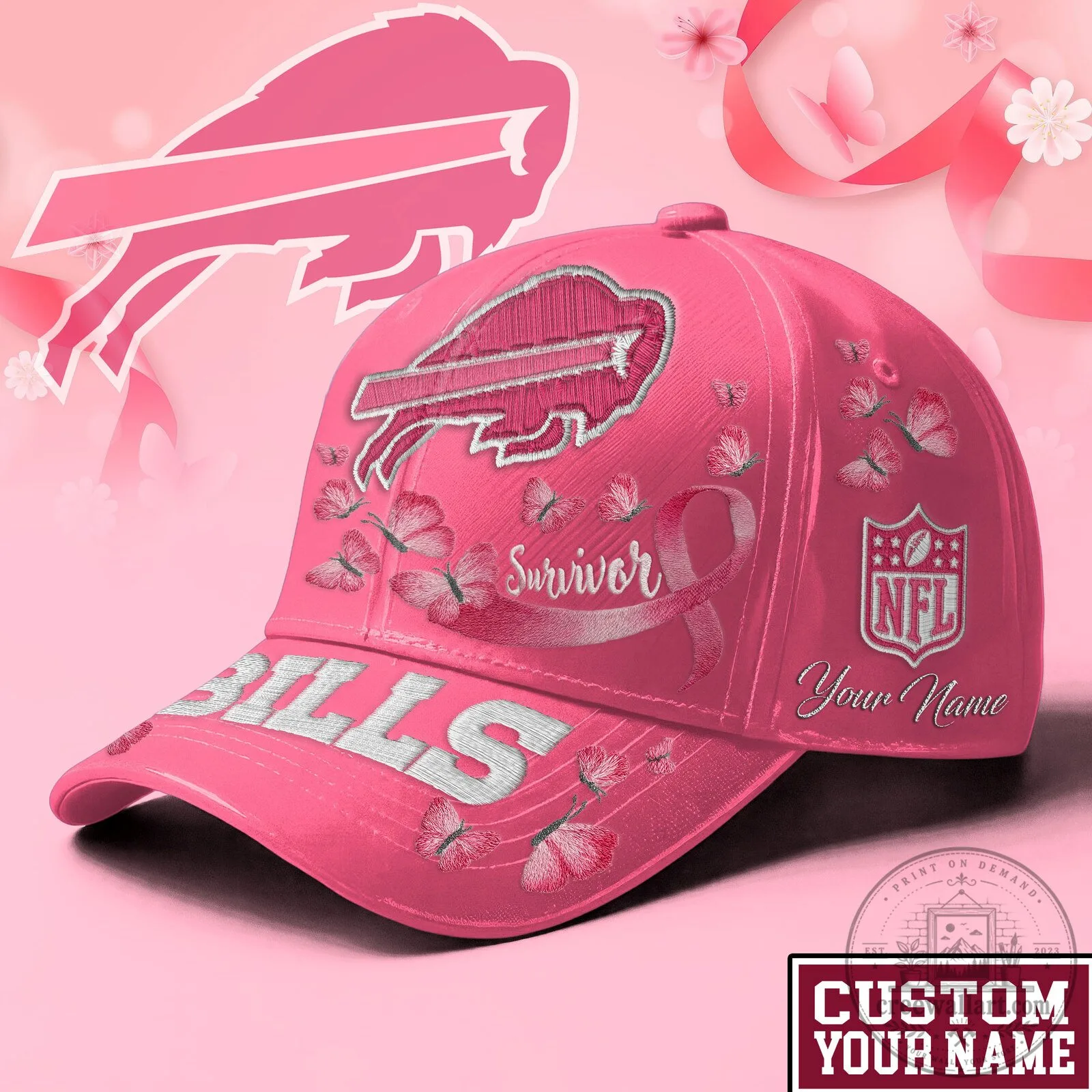 Buffalo Bills Breast Cancer Survivor Pink Embroidered Custom Cap Hat