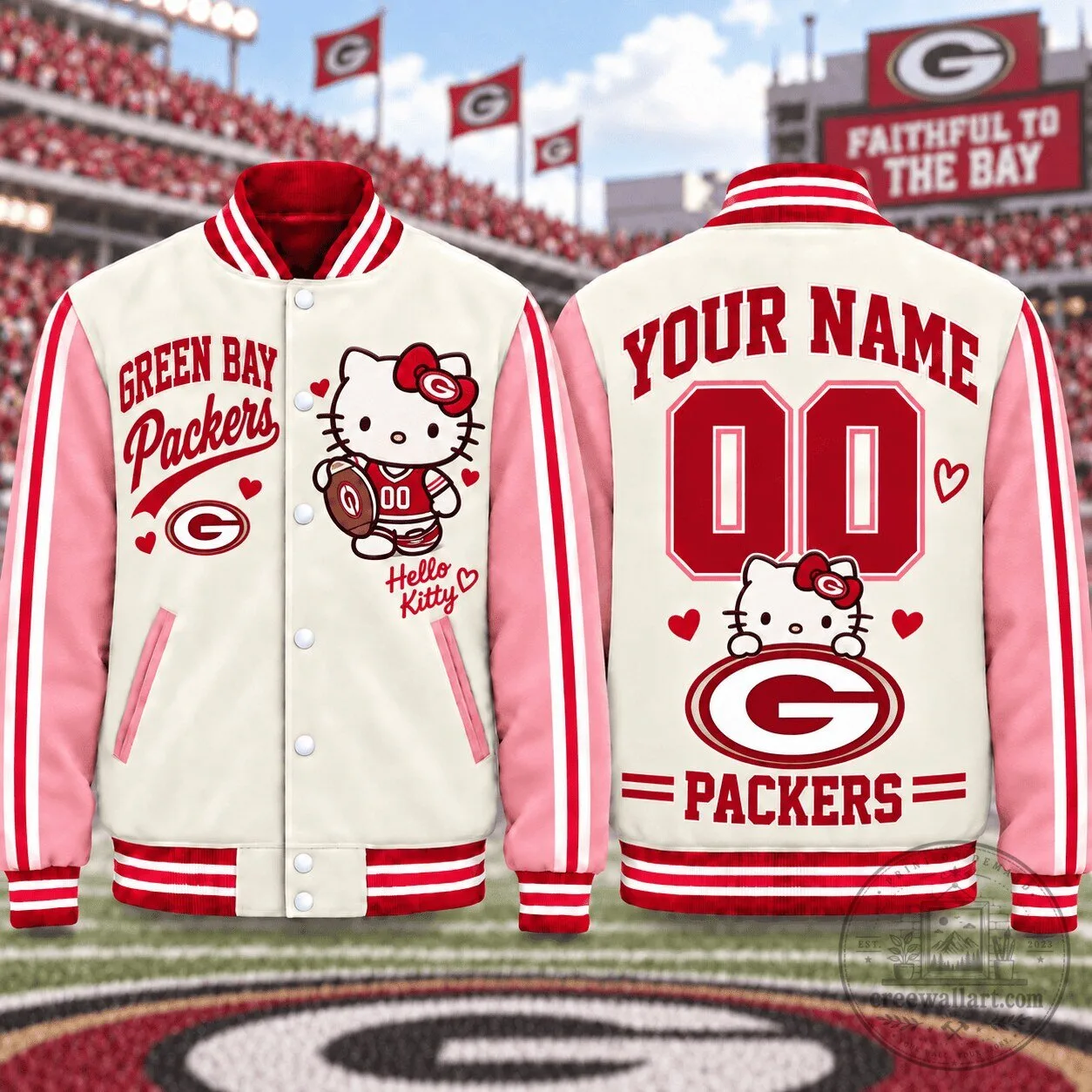 Green Bay Packers Hello Kitty Personalized Varsity Jacket